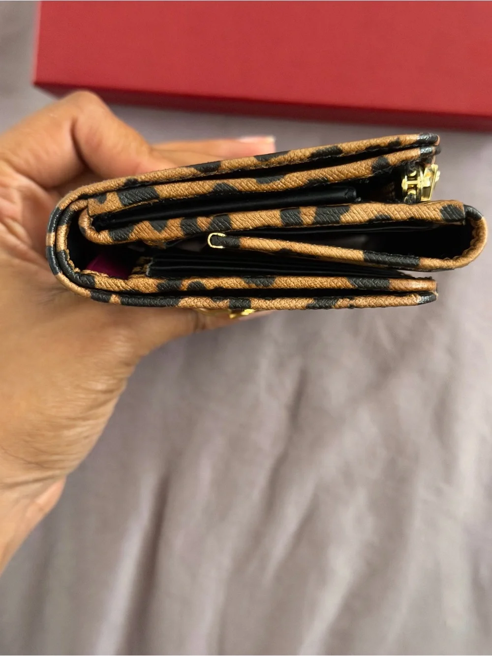 Salvatore Ferragamo Leopard Print Wallet in Brown and Black with Gold Hardware